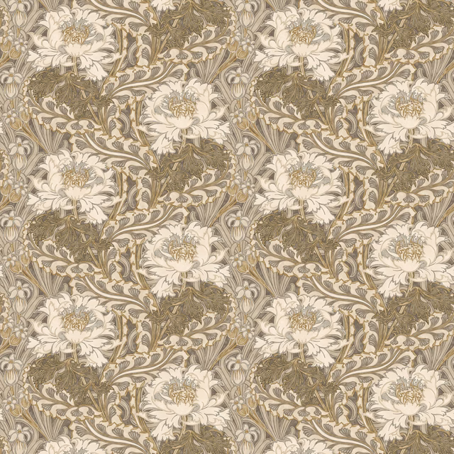 Ivory flowers and scrolling foliage on a muted olive-taupe wallpaper ground