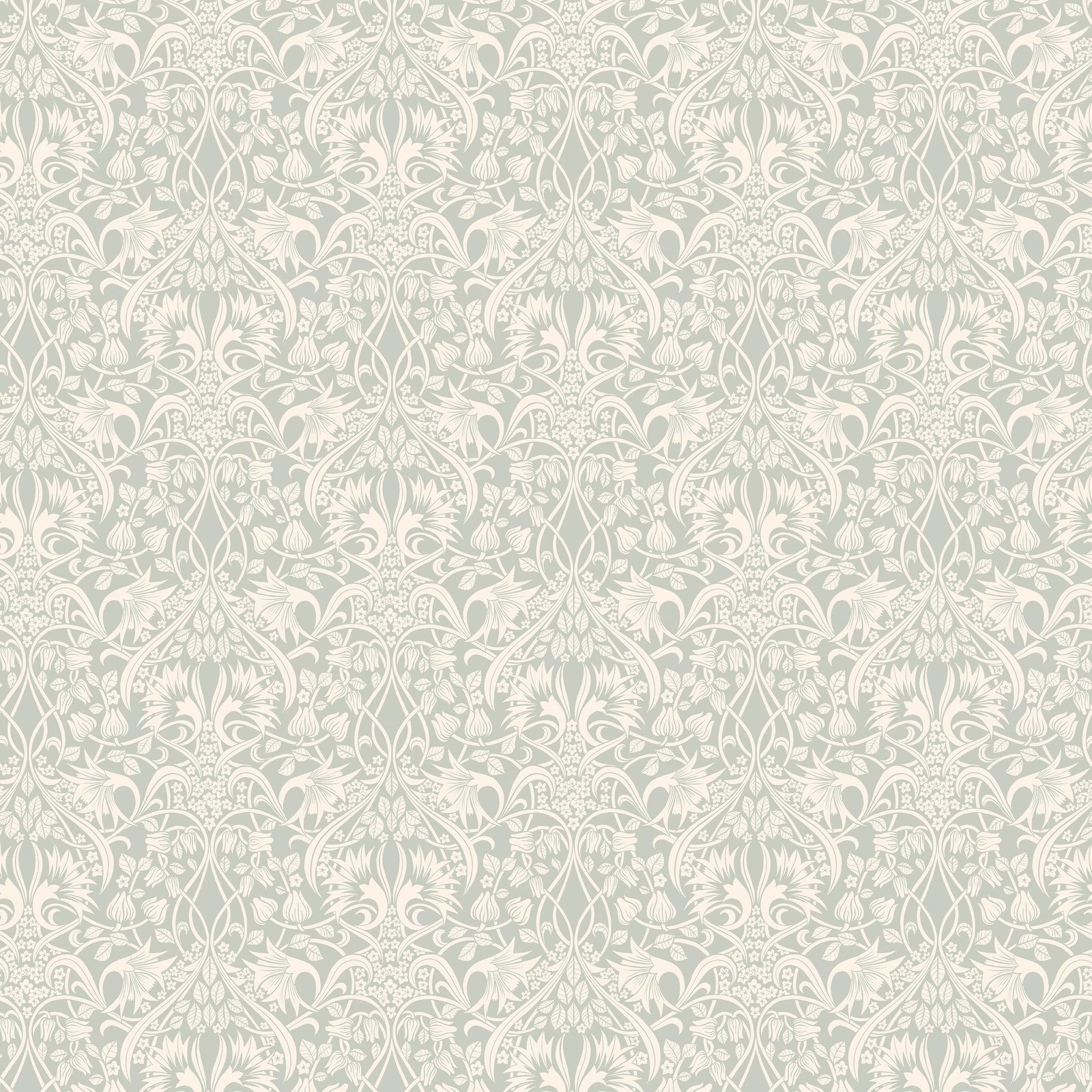 Pale aqua wallpaper with ivory scrolling damask leaves and floral medallions