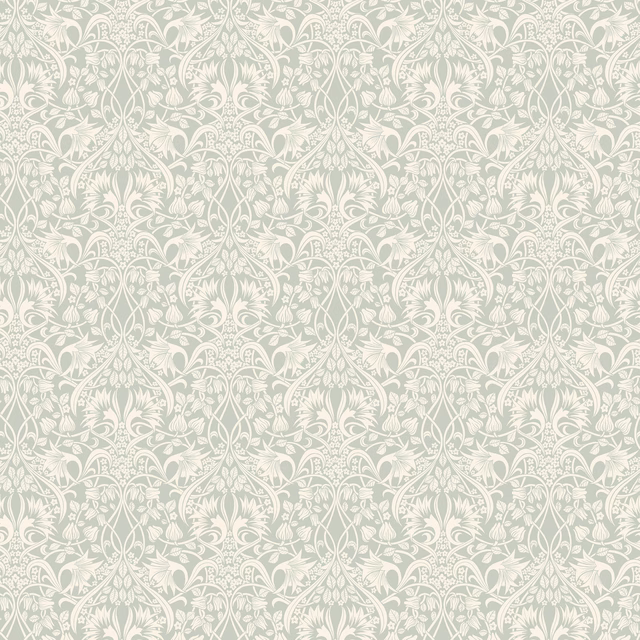 Pale aqua wallpaper with ivory scrolling damask leaves and floral medallions