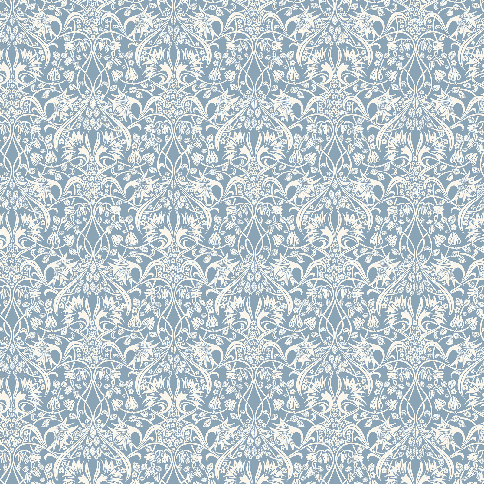 Muted blue wallpaper with dense cream botanical damask scrolls and stylised flowers