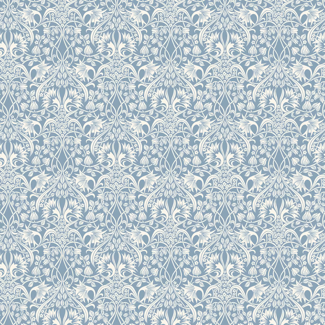 Muted blue wallpaper with dense cream botanical damask scrolls and stylised flowers