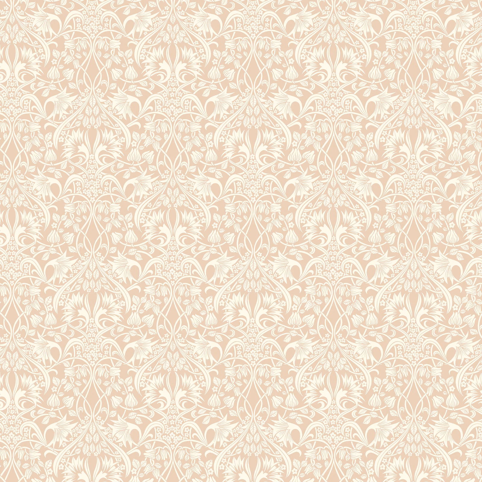Warm blush wallpaper with ivory scrolling botanicals and symmetrical damask-style repeats