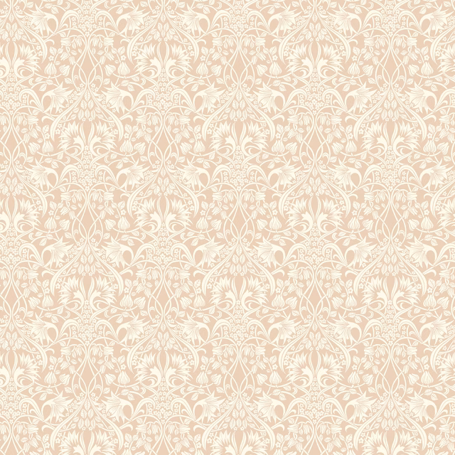 Warm blush wallpaper with ivory scrolling botanicals and symmetrical damask-style repeats