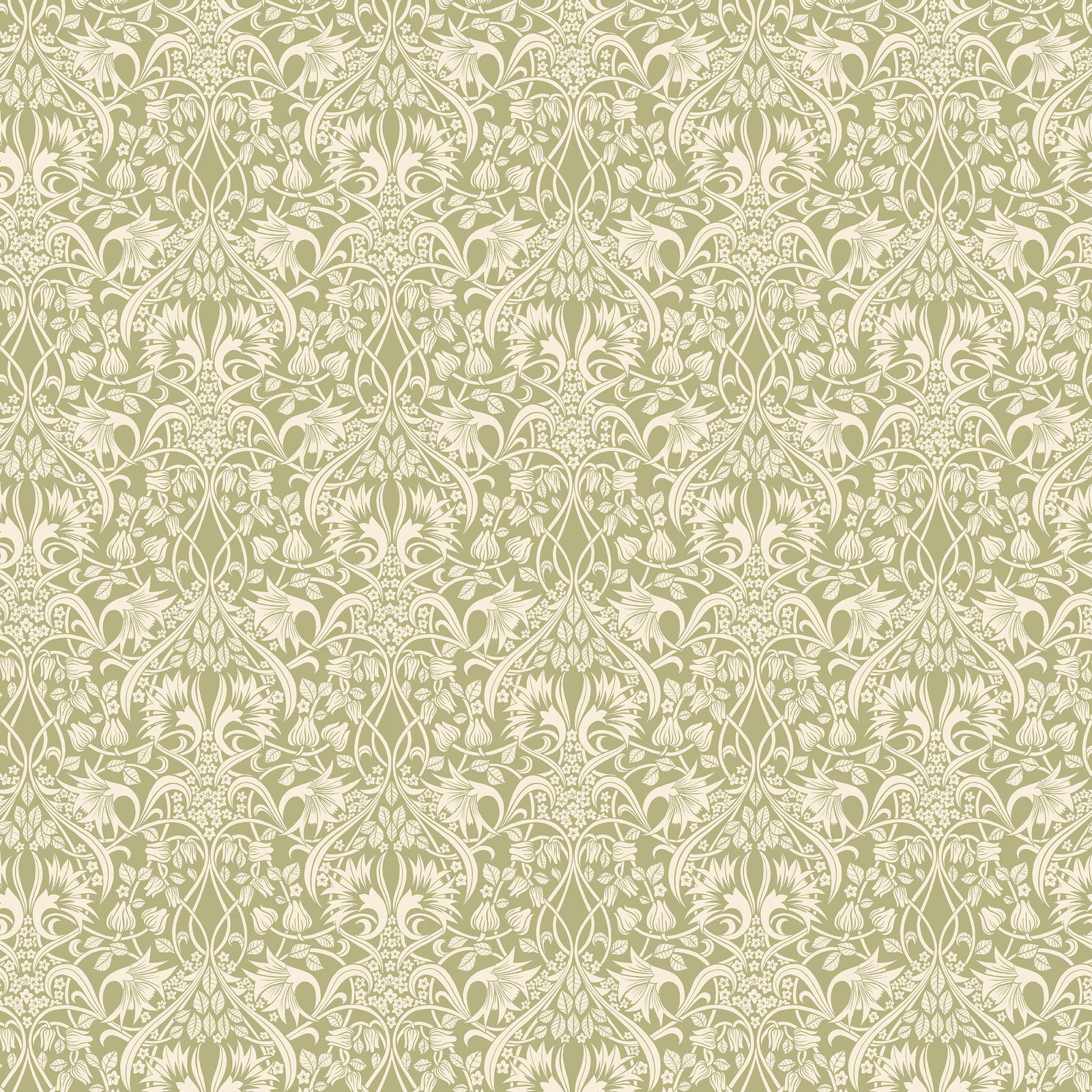 Muted sage-green wallpaper with dense ivory scrolling foliage and floral damask motifs