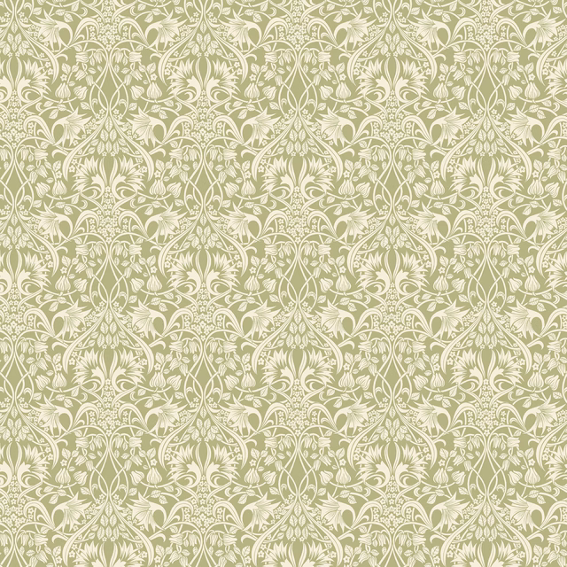 Muted sage-green wallpaper with dense ivory scrolling foliage and floral damask motifs
