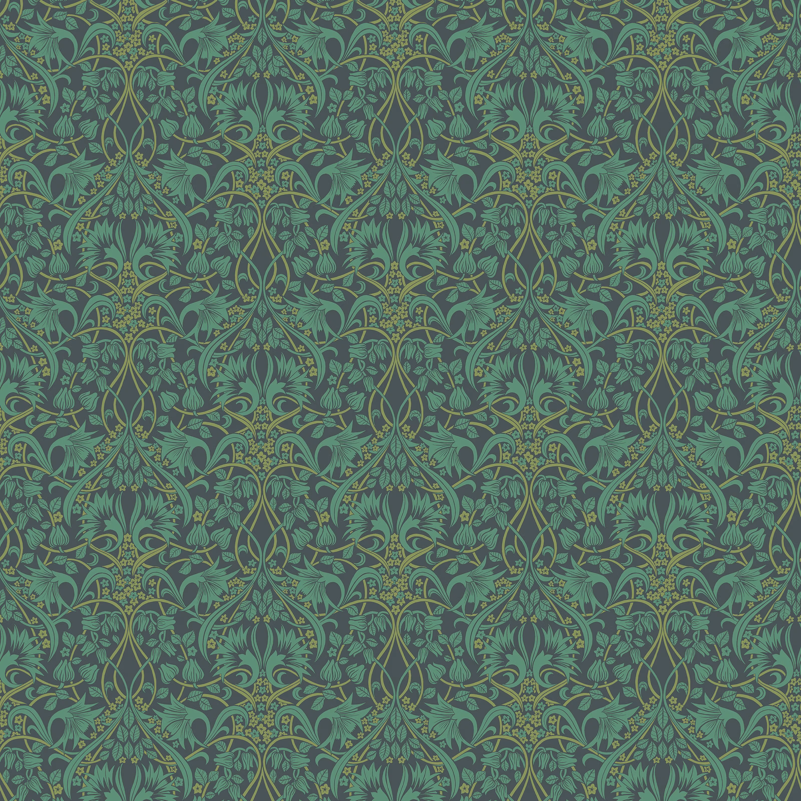 Dense indigo-teal botanical damask with olive highlights and repeating pointed motifs