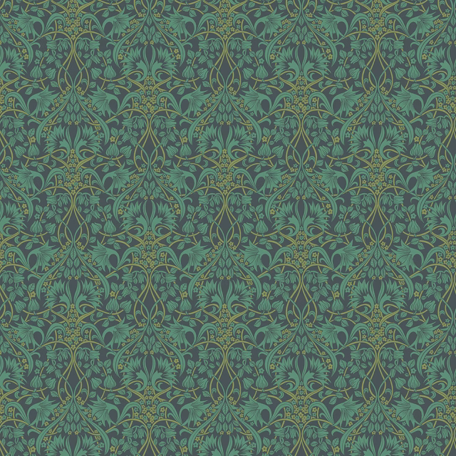 Dense indigo-teal botanical damask with olive highlights and repeating pointed motifs