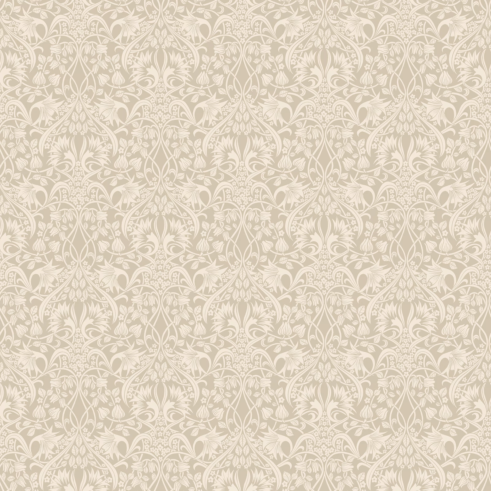 Soft taupe wallpaper with ivory botanical damask, scrolling leaves and floral motifs