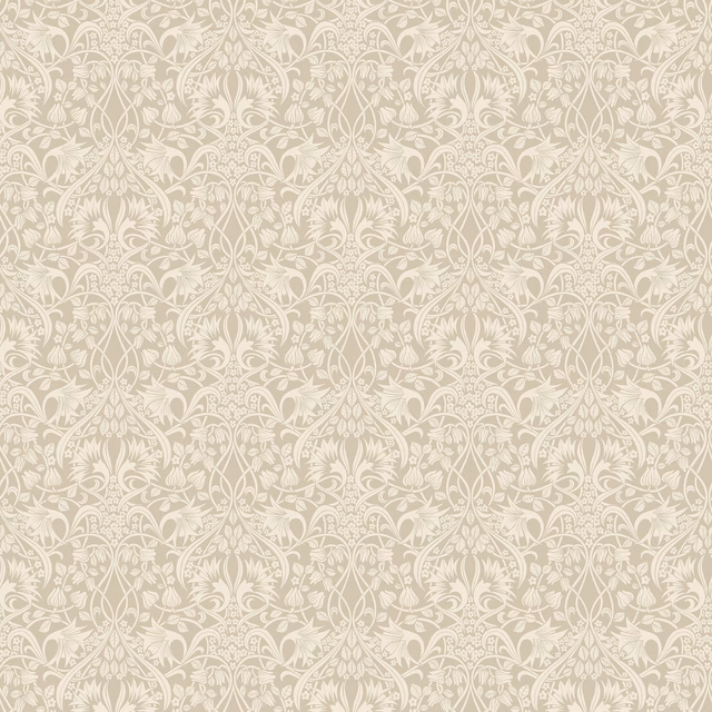 Soft taupe wallpaper with ivory botanical damask, scrolling leaves and floral motifs