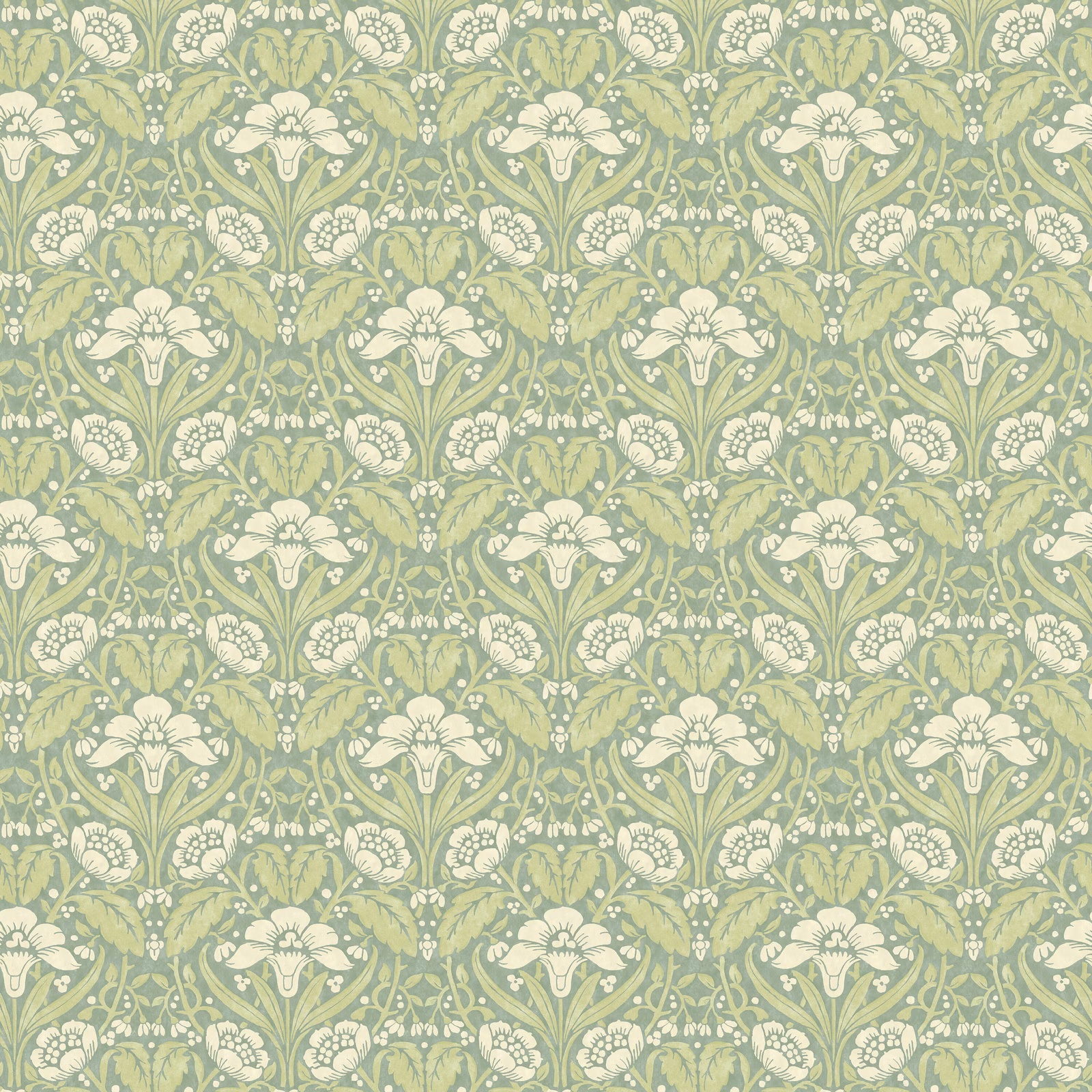 Muted aqua-green wallpaper with cream flowers and curling leafy botanical repeats