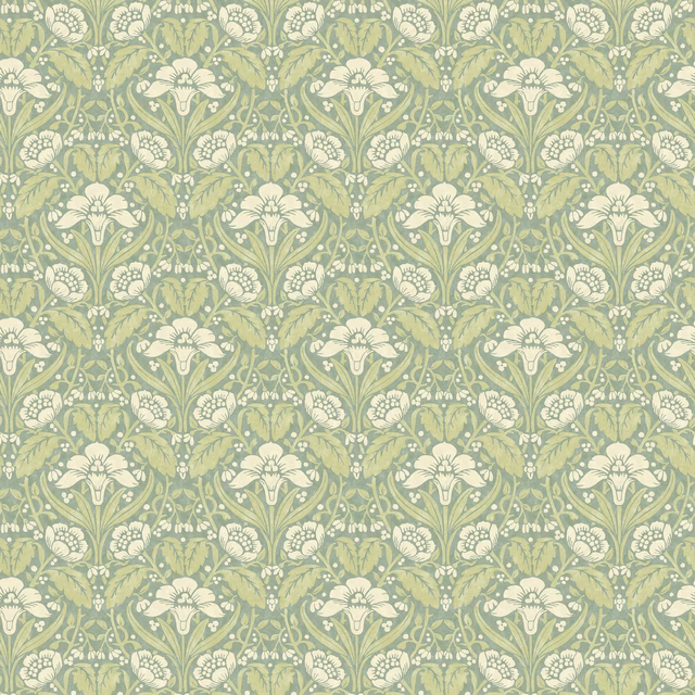 Muted aqua-green wallpaper with cream flowers and curling leafy botanical repeats