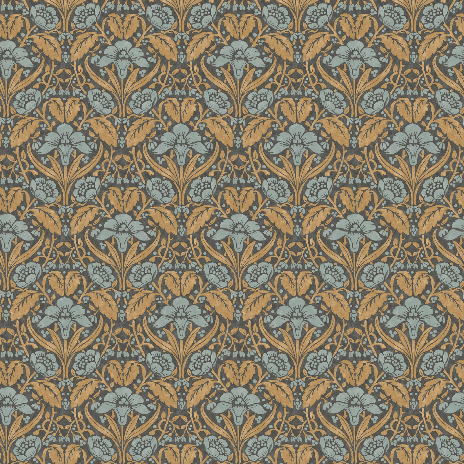 Aqua and ochre floral wallpaper with blue-grey blossoms and scrolling botanical foliage