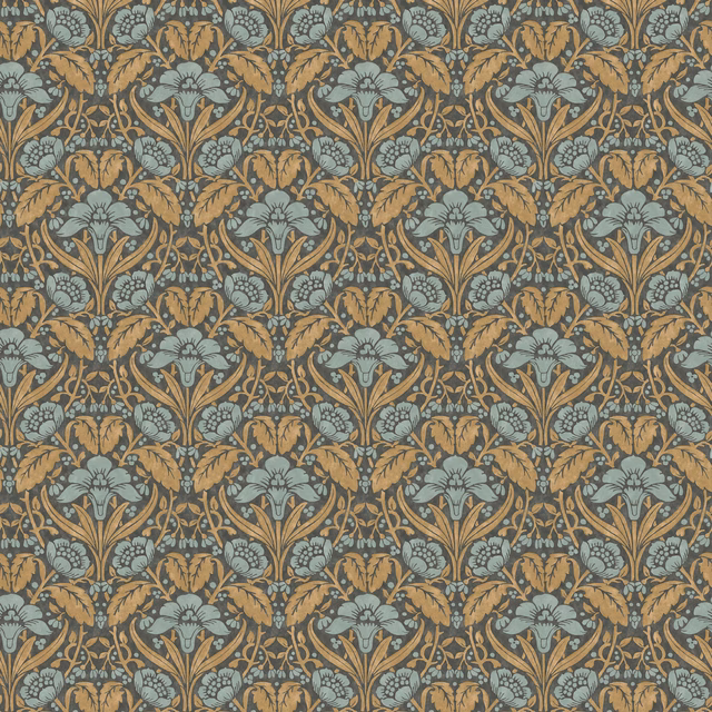 Aqua and ochre floral wallpaper with blue-grey blossoms and scrolling botanical foliage