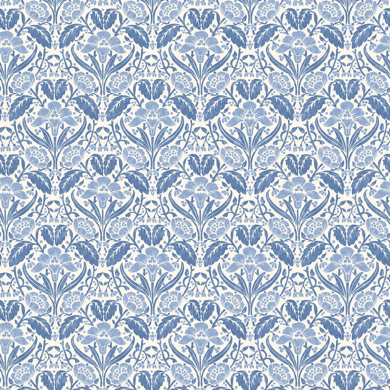 Iris Meadow Blue wallpaper with repeating blue floral sprays on a pale ground