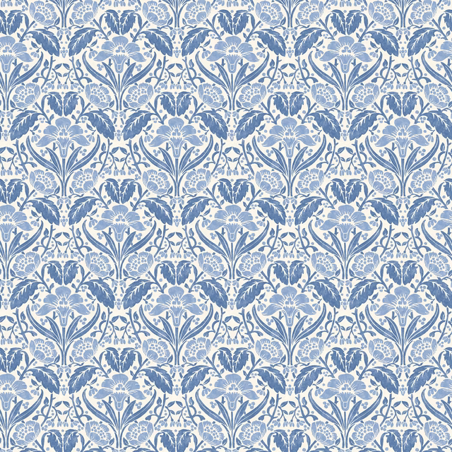 Iris Meadow Blue wallpaper with repeating blue floral sprays on a pale ground