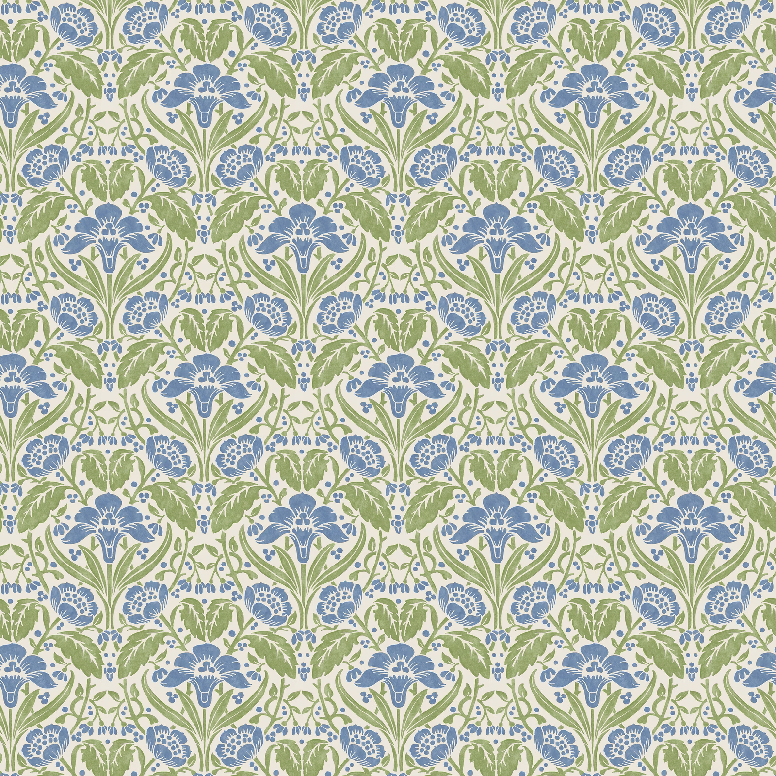 Blue bell-shaped flowers and leafy green botanical repeat on a cream wallpaper ground