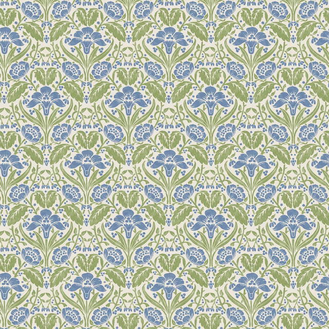 Blue bell-shaped flowers and leafy green botanical repeat on a cream wallpaper ground
