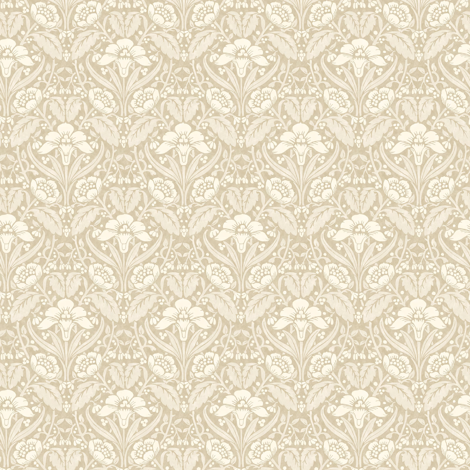 Warm greige wallpaper with ivory mirrored flowers, leafy stems and repeating floral panels