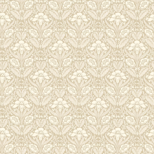 Warm greige wallpaper with ivory mirrored flowers, leafy stems and repeating floral panels