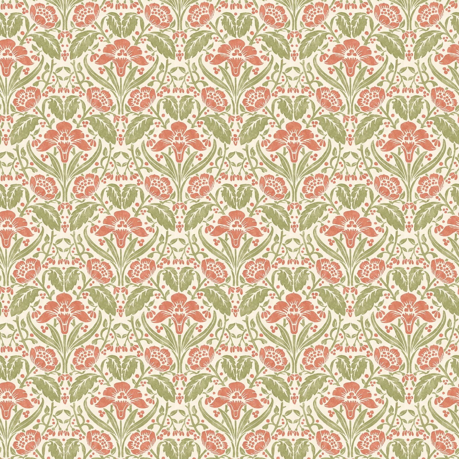 Coral pink floral motifs and sage leaves on a warm cream wallpaper ground
