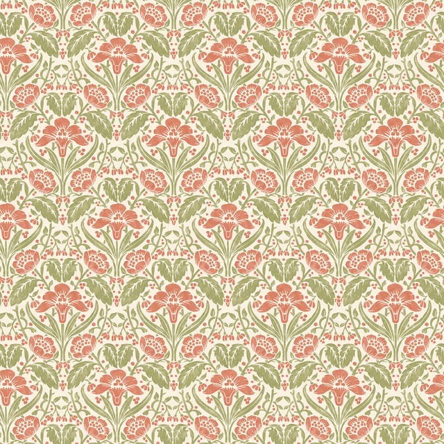 Coral pink floral motifs and sage leaves on a warm cream wallpaper ground