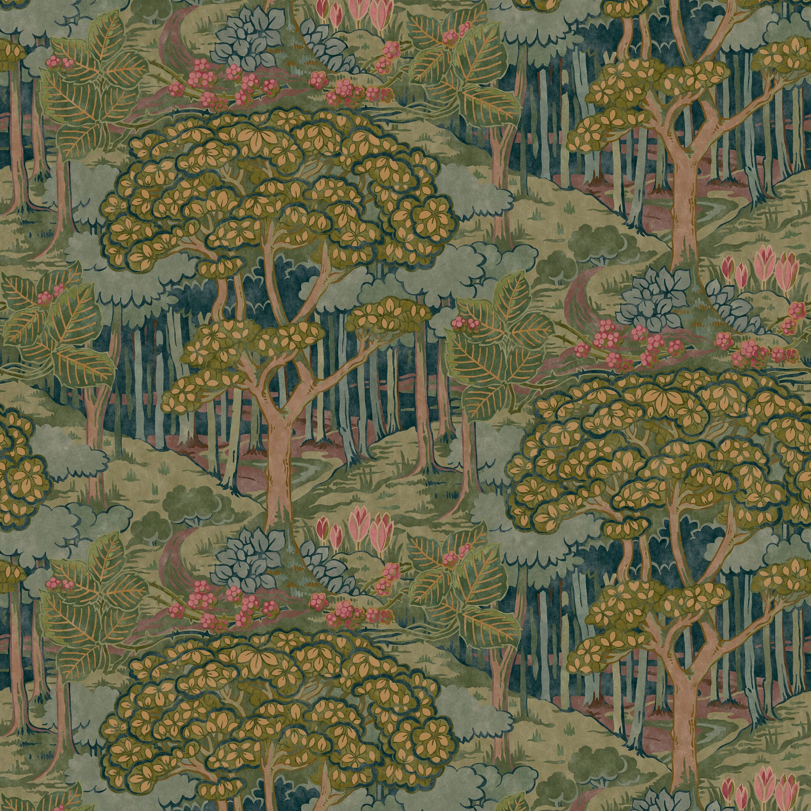 Muted emerald woodland wallpaper with rounded trees, pink flowers and layered sage foliage