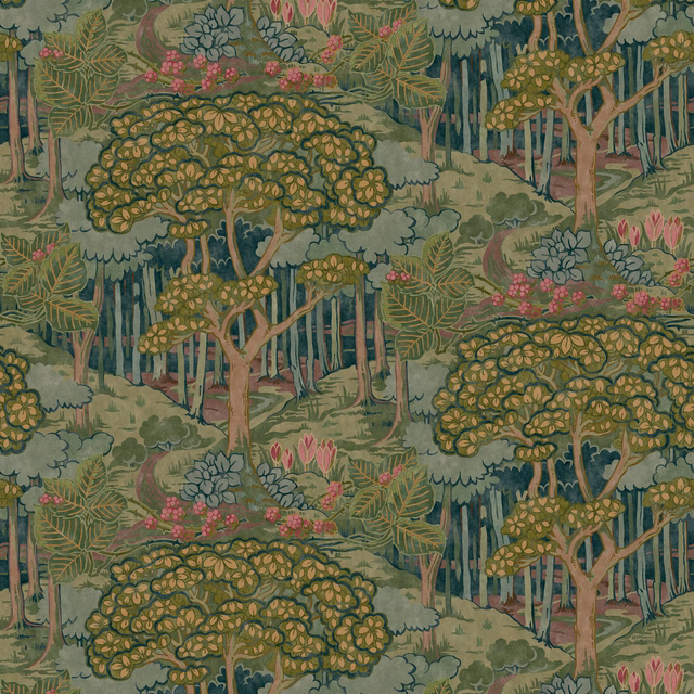 Muted emerald woodland wallpaper with rounded trees, pink flowers and layered sage foliage