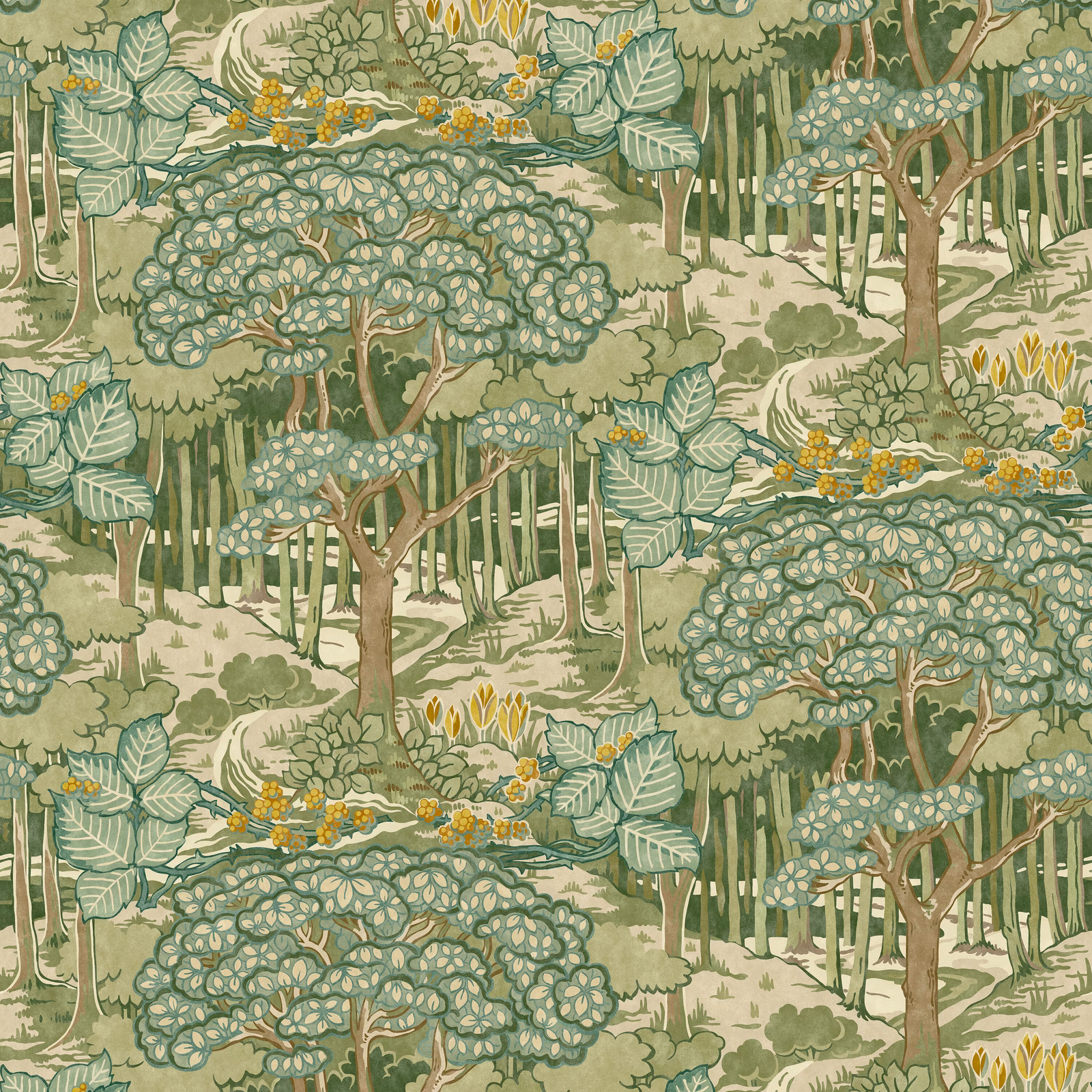 Muted Ruskin green woodland wallpaper with flowering trees, pale paths and yellow accents