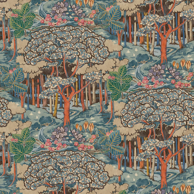 Red and teal woodland wallpaper with flowering trees, ferns and coral trunks