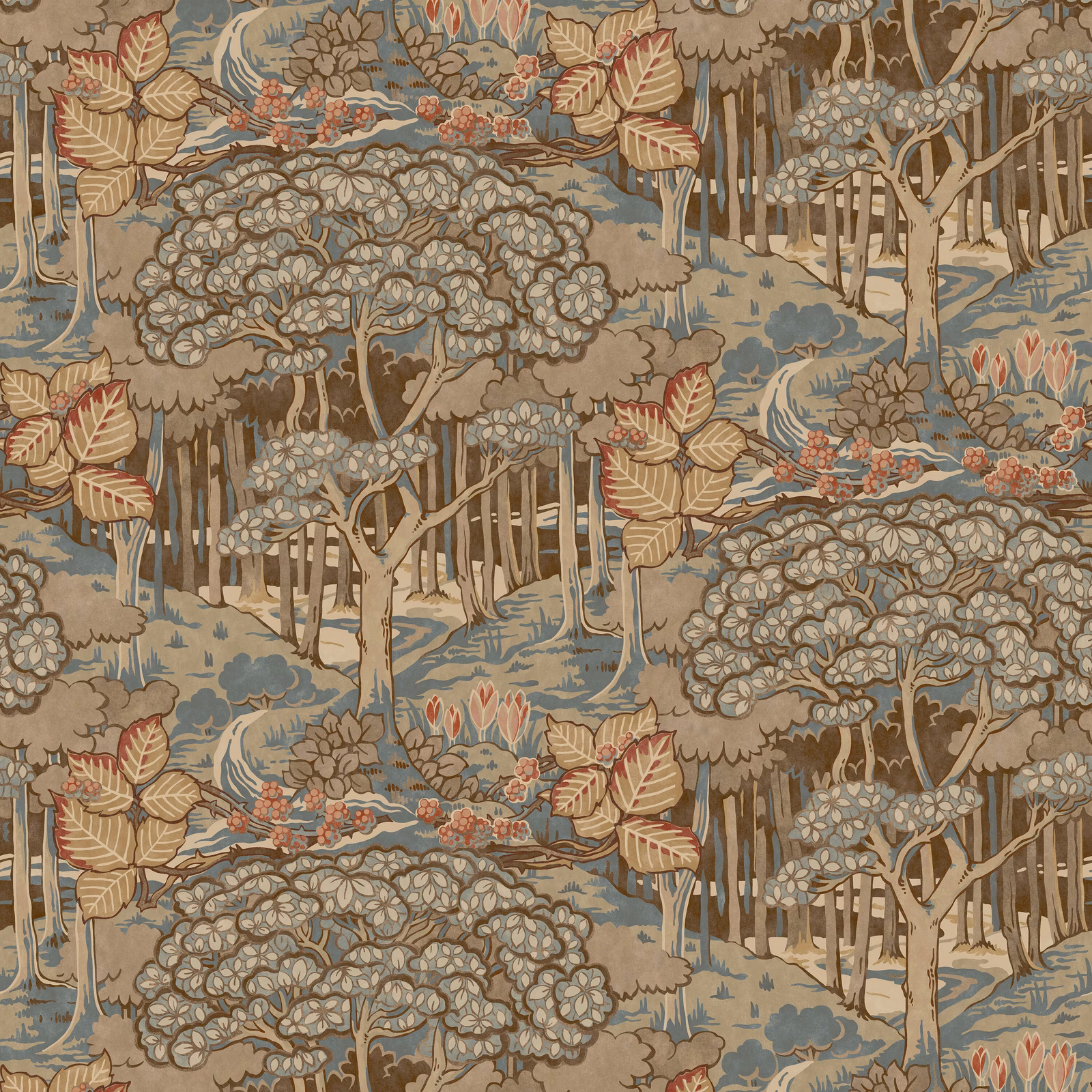 Blue-grey teal woodland wallpaper with pale trees, rounded canopies and russet leaves.