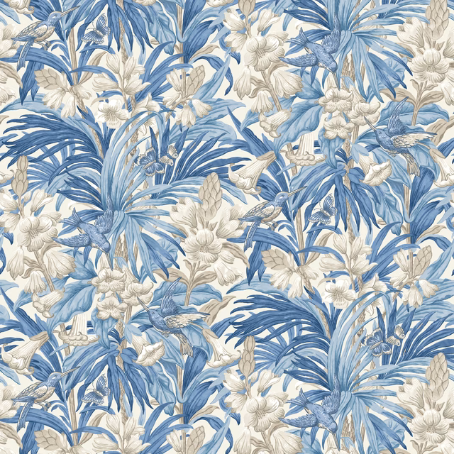 Blue botanical wallpaper with cream flowers, birds and layered feathery foliage