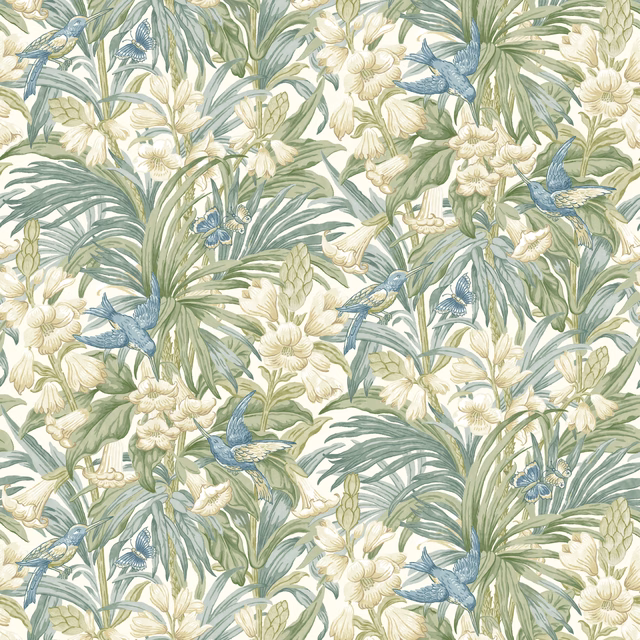 Cream botanical wallpaper with sage-green leaves, blue birds and ivory trumpet flowers