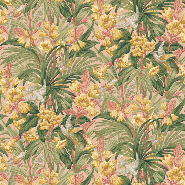 Blush pink wallpaper with yellow trumpet flowers, green foliage and illustrated birds