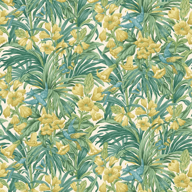 Emerald botanical wallpaper with yellow flowers, teal birds and layered palm fronds