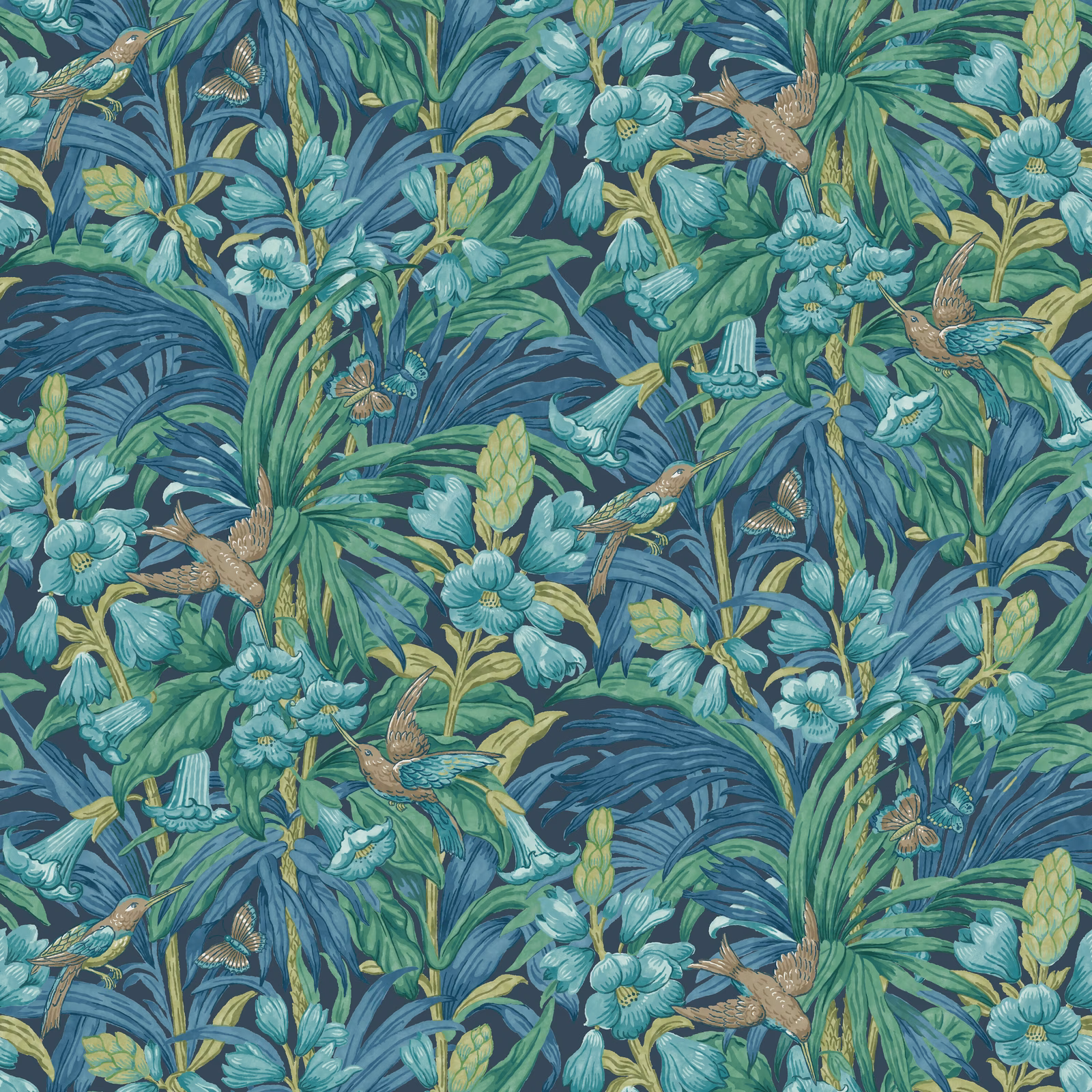 Dense indigo wallpaper with teal flowers, green foliage, birds and butterflies