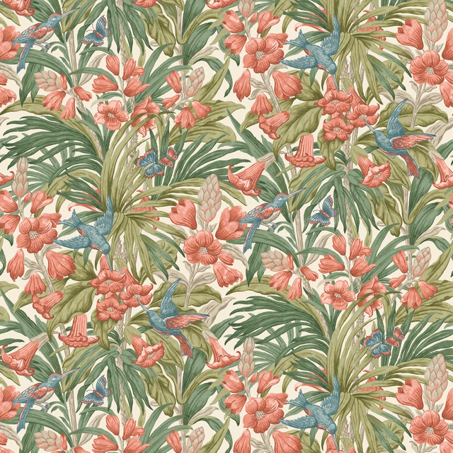 Coral-red flowers, layered green foliage and blue birds on a warm cream ground