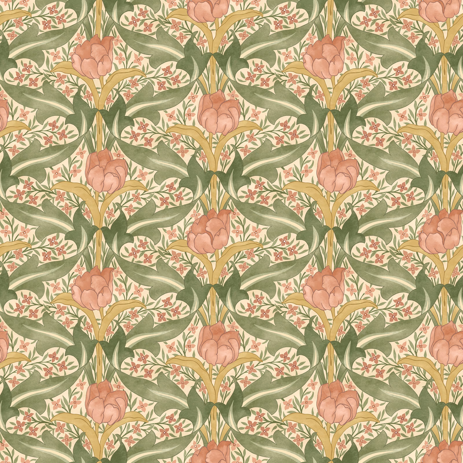 Blush tulips and sage leaves repeat across a cream botanical wallpaper ground