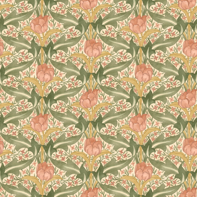 Blush tulips and sage leaves repeat across a cream botanical wallpaper ground