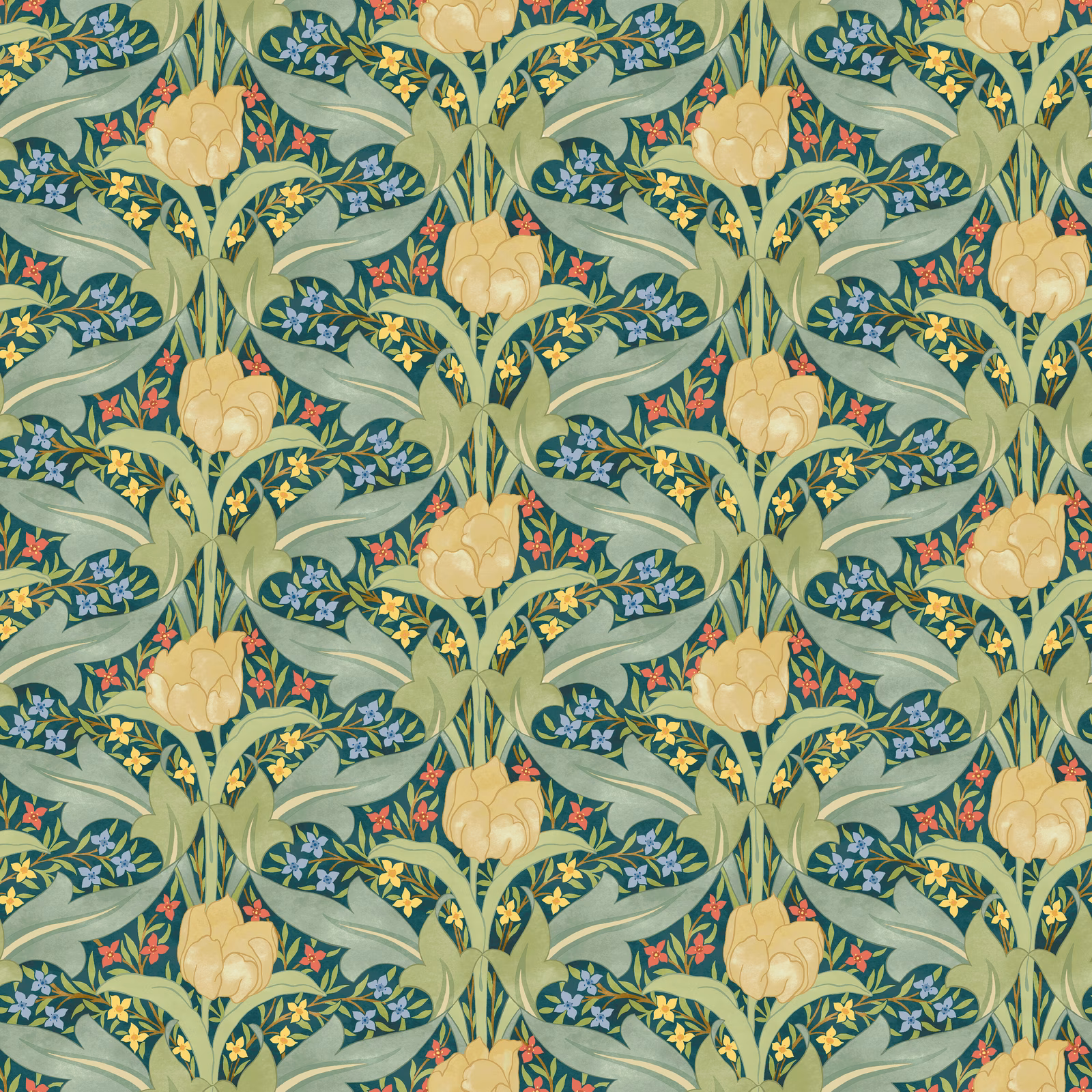 Emerald wallpaper with pale yellow tulips, sage leaves and blue floral sprigs