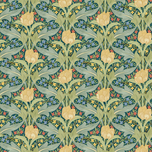 Emerald wallpaper with pale yellow tulips, sage leaves and blue floral sprigs