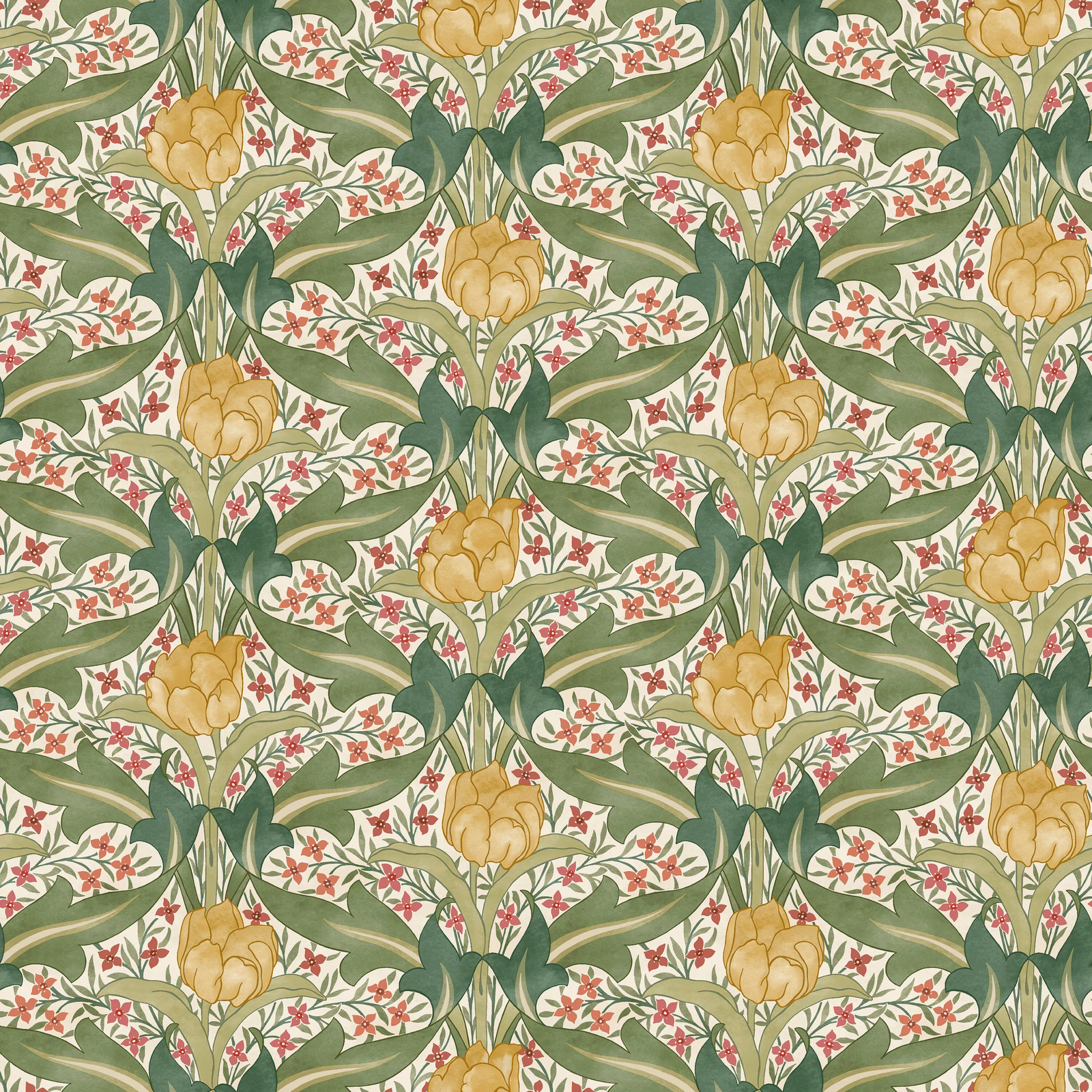 Olive green botanical wallpaper with red blossoms, golden tulips and a cream ground