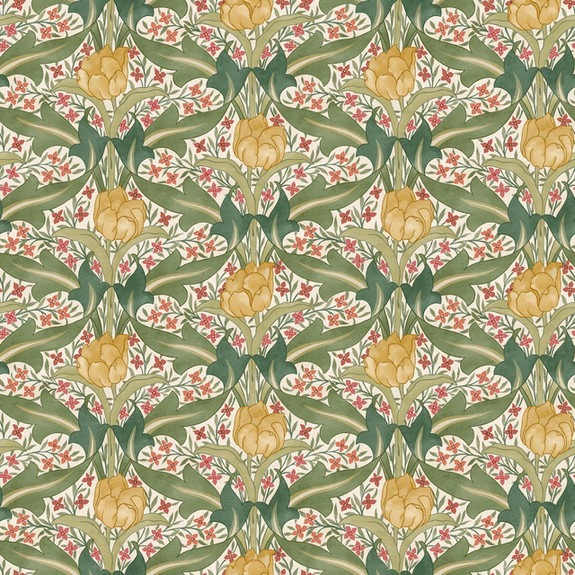 Olive green botanical wallpaper with red blossoms, golden tulips and a cream ground