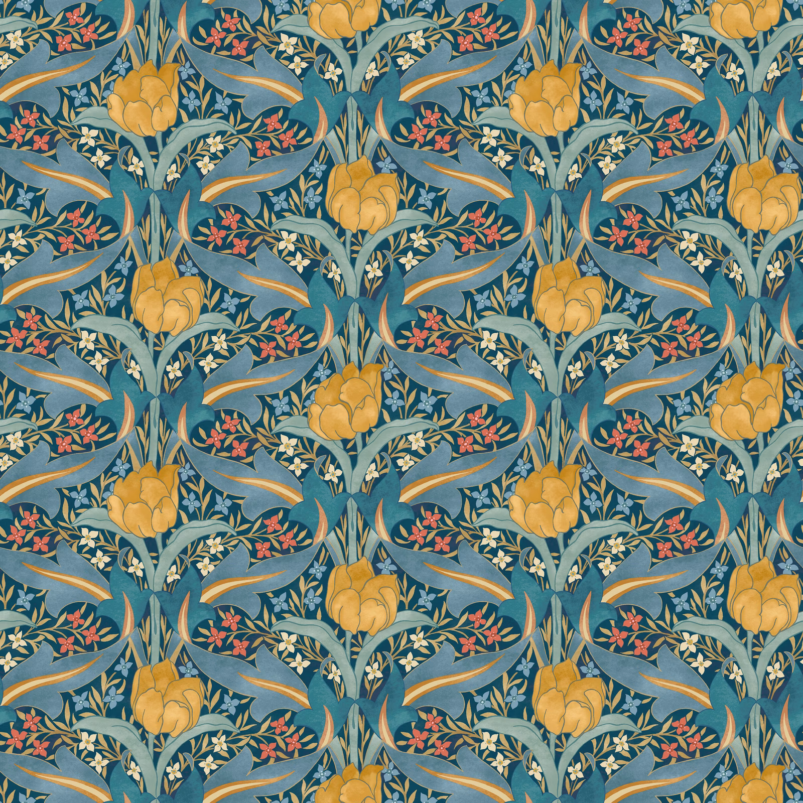Deep teal wallpaper with ochre tulips, coral blossoms and sweeping blue-green foliage