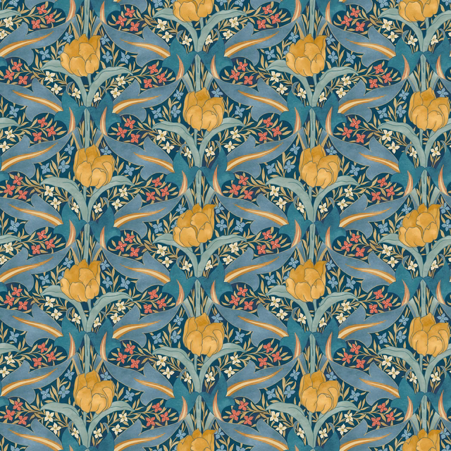 Deep teal wallpaper with ochre tulips, coral blossoms and sweeping blue-green foliage