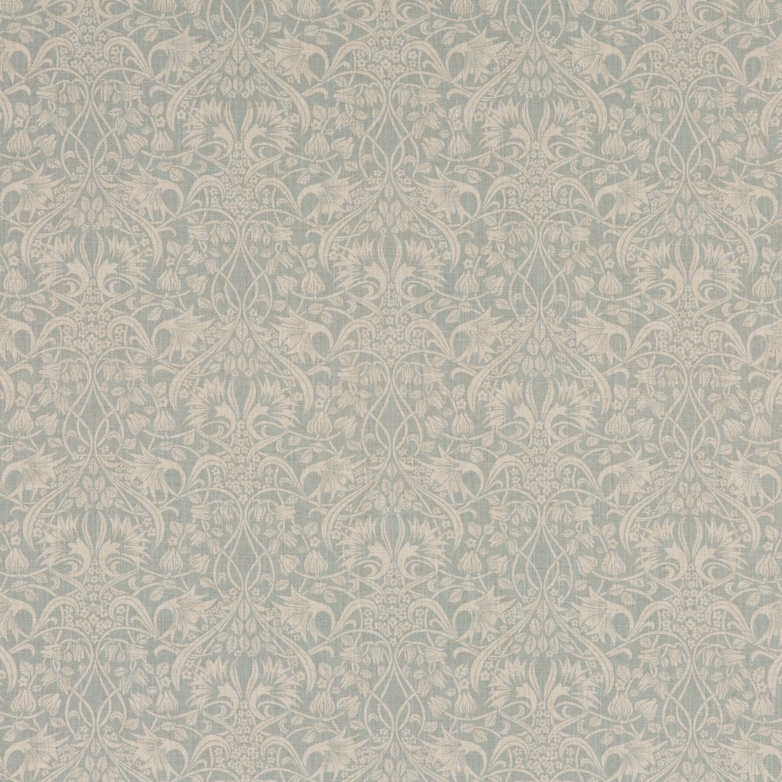 Pale aqua fabric with ivory scrolling vines and softly mottled botanical texture
