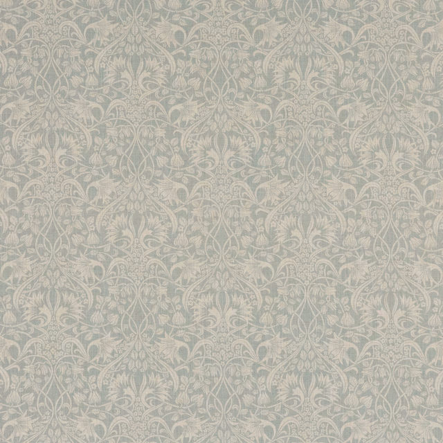 Pale aqua fabric with ivory scrolling vines and softly mottled botanical texture