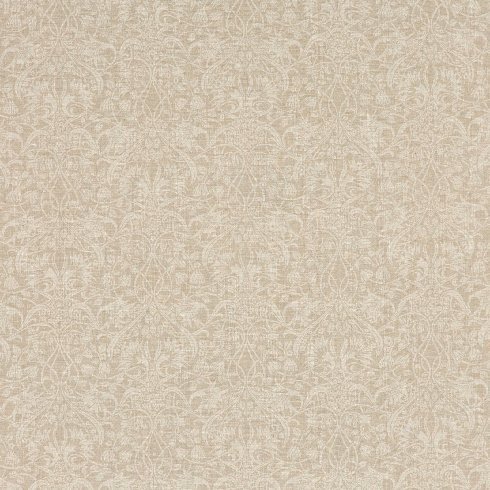 Warm grey textile with pale scrolling floral vines and leafy motifs