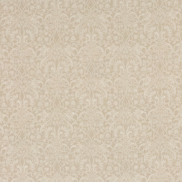 Warm grey textile with pale scrolling floral vines and leafy motifs