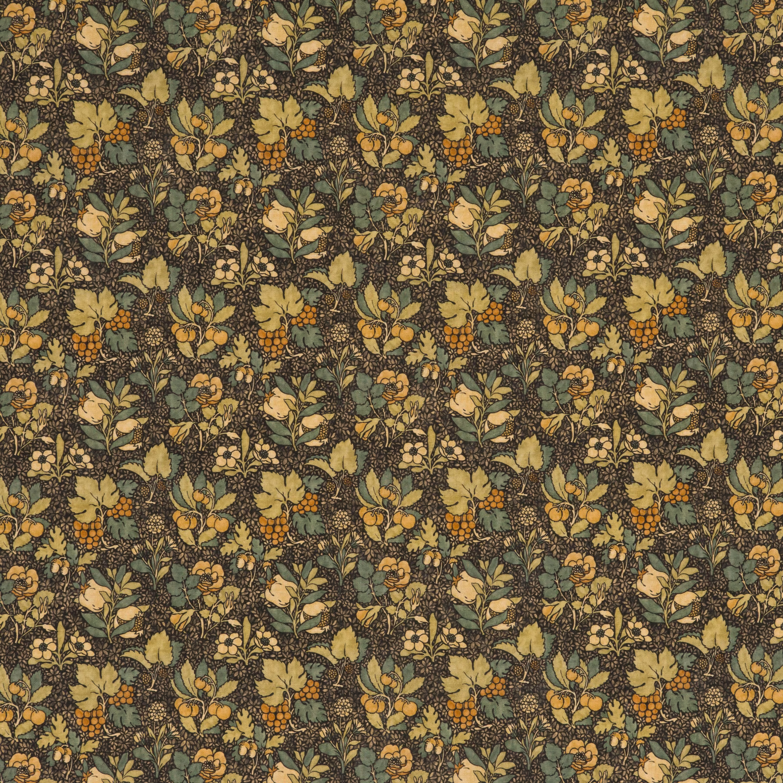 Dense charcoal botanical fabric with muted green leaves, ochre flowers and orange fruit