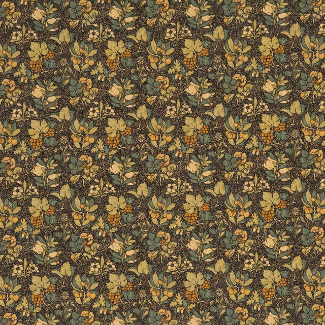 Dense charcoal botanical fabric with muted green leaves, ochre flowers and orange fruit